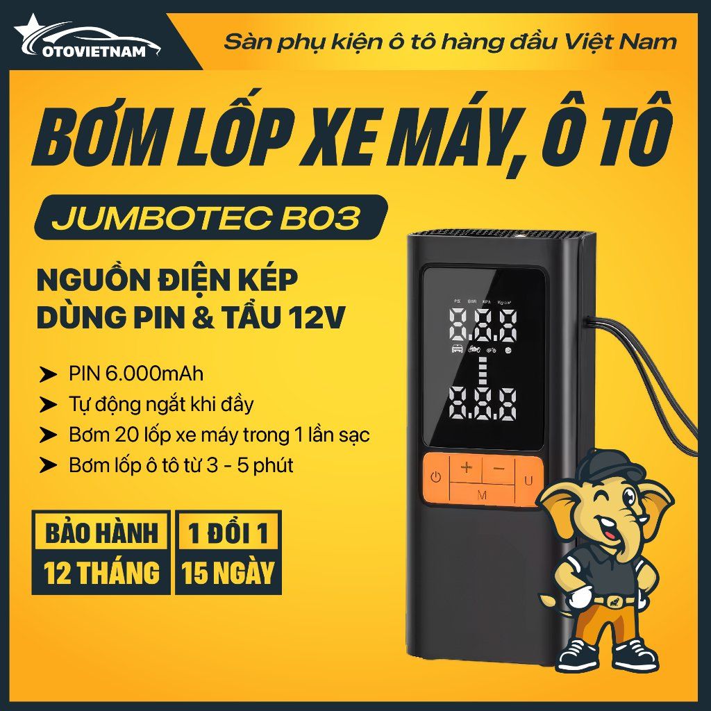 Bơm Lốp Xe Máy, Ô Tô Jumbotec B03 – Pin 6000mAh & Điện 12V, Tự Ngắt, Đa Năng 4in1
