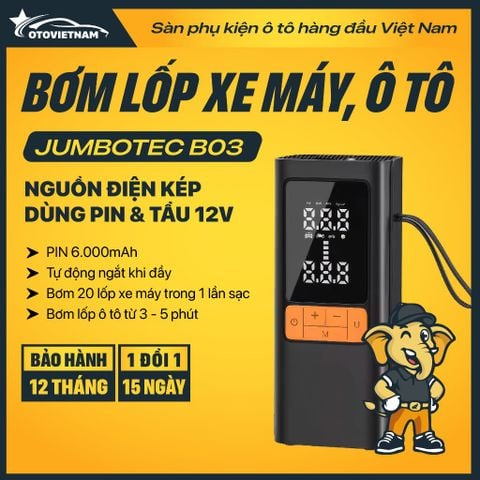 Bơm Lốp Xe Máy, Ô Tô Jumbotec B03 – Pin 6000mAh & Điện 12V, Tự Ngắt, Đa Năng 4in1