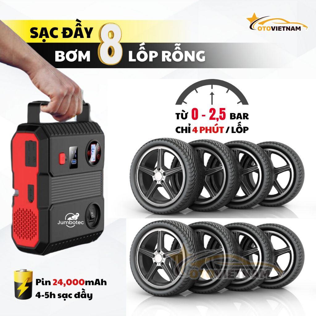 Bơm Lốp & Kích Bình Ô Tô 4in1 Jumbotec BM600, PIN 24.000mAh, Đèn Pin & Sạc Dự Phòng, Bảo Hành 24 Tháng