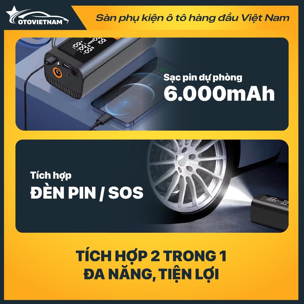 Bơm Lốp Xe Máy, Ô Tô Jumbotec B03 – Pin 6000mAh & Điện 12V, Tự Ngắt, Đa Năng 4in1