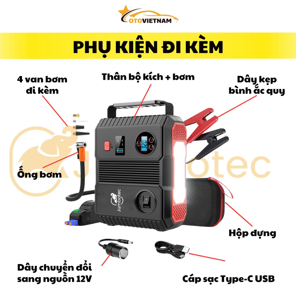 Bơm Lốp & Kích Bình Ô Tô 4in1 Jumbotec BM600, PIN 24.000mAh, Đèn Pin & Sạc Dự Phòng, Bảo Hành 24 Tháng