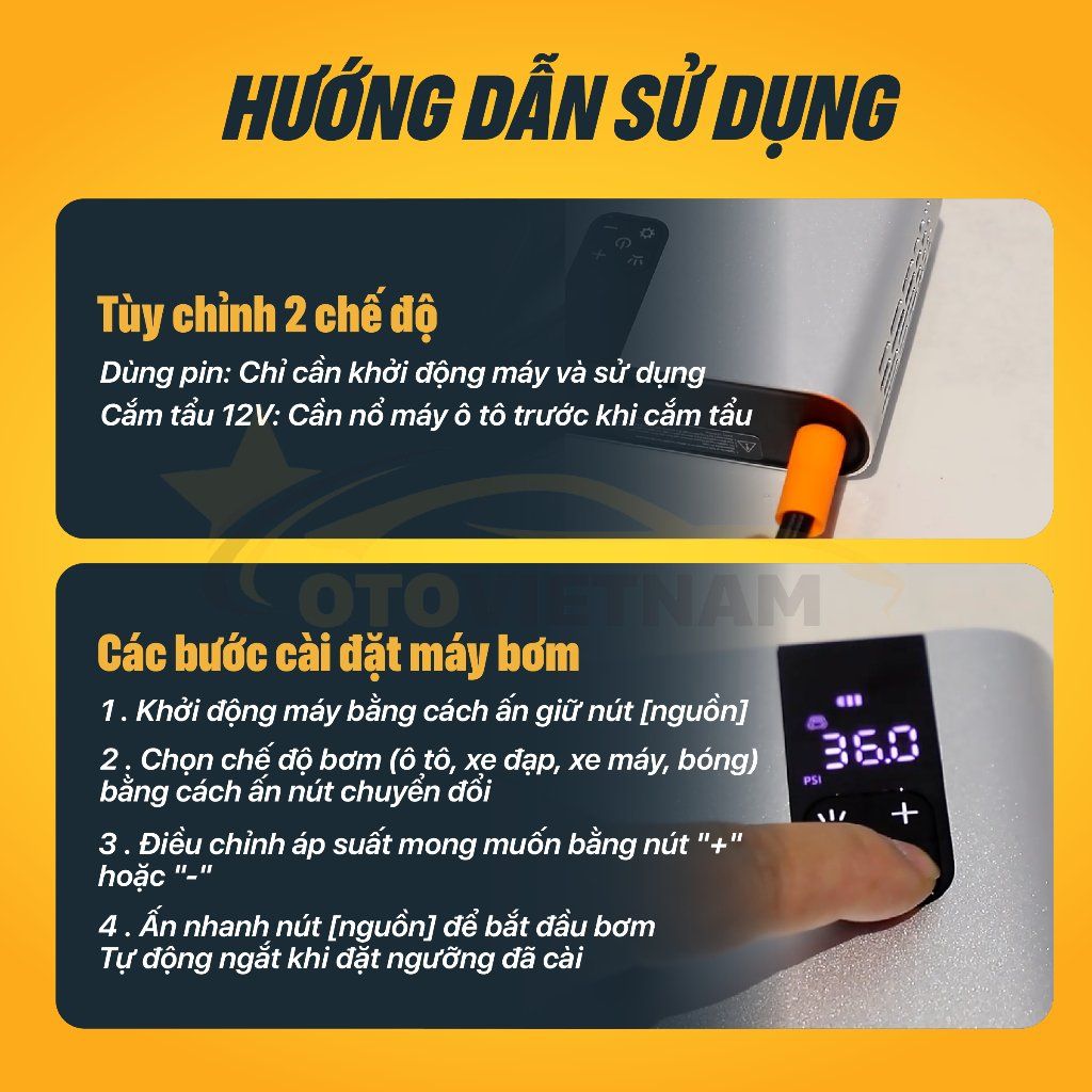 Bơm Lốp Điện Tử 2 Xilanh JUMBOTEC B06, Điện Kép (Pin 12.000mAh | Tẩu 12V) - Đèn Pin & Sạc DP - BH 1 năm