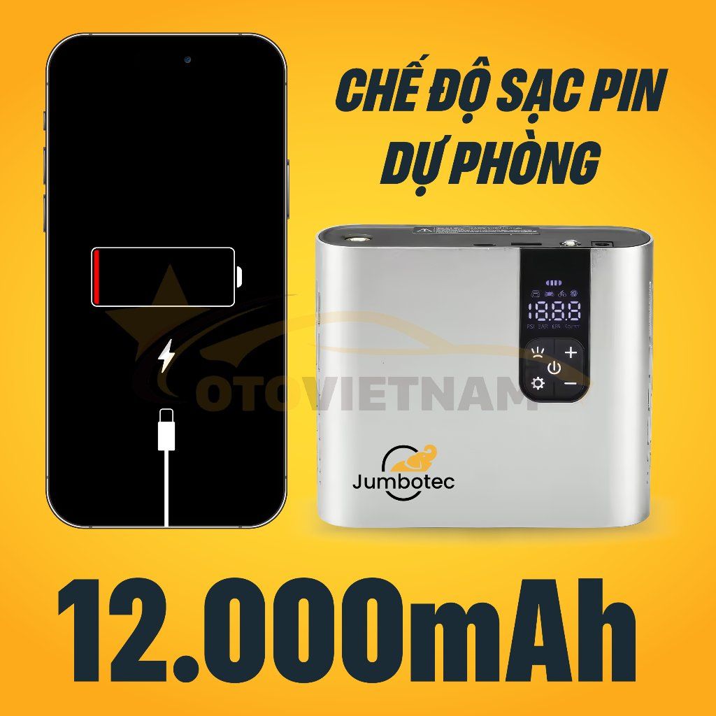 Bơm Lốp Điện Tử 2 Xilanh JUMBOTEC B06, Điện Kép (Pin 12.000mAh | Tẩu 12V) - Đèn Pin & Sạc DP - BH 1 năm