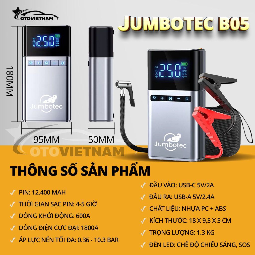 Kích Bình & Bơm Lốp Ô Tô, Xe Máy Jumbotec B05 Đa Năng 4in1 – Pin Khủng 12.400mAh | Bảo Hành 1 Năm