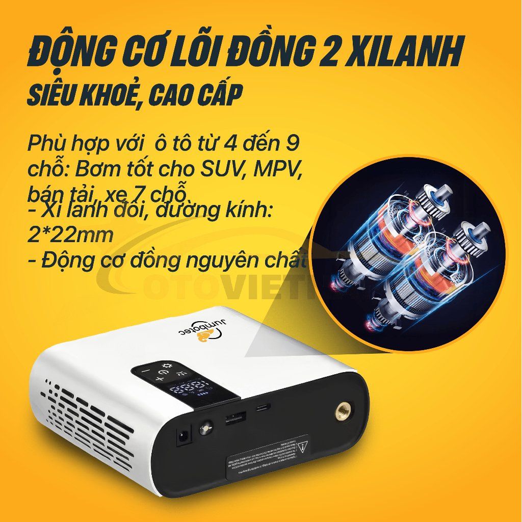Bơm Lốp Điện Tử 2 Xilanh JUMBOTEC B06, Điện Kép (Pin 12.000mAh | Tẩu 12V) - Đèn Pin & Sạc DP - BH 1 năm