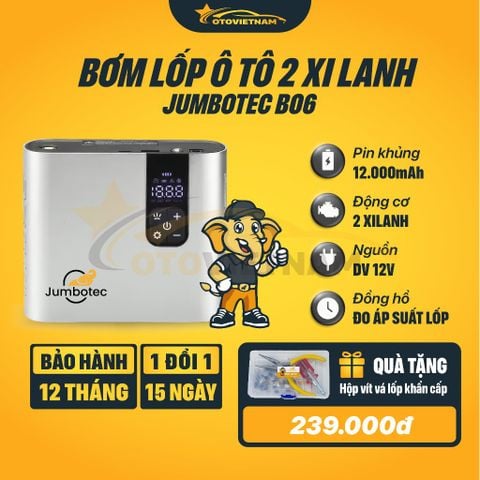 Bơm Lốp Điện Tử 2 Xilanh JUMBOTEC B06, Điện Kép (Pin 12.000mAh | Tẩu 12V) - Đèn Pin & Sạc DP - BH 1 năm