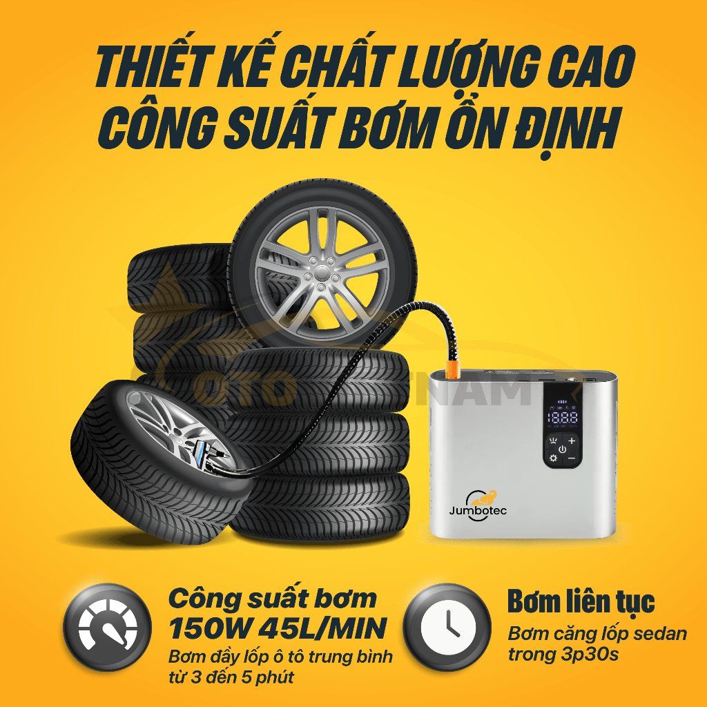 Bơm Lốp Điện Tử 2 Xilanh JUMBOTEC B06, Điện Kép (Pin 12.000mAh | Tẩu 12V) - Đèn Pin & Sạc DP - BH 1 năm