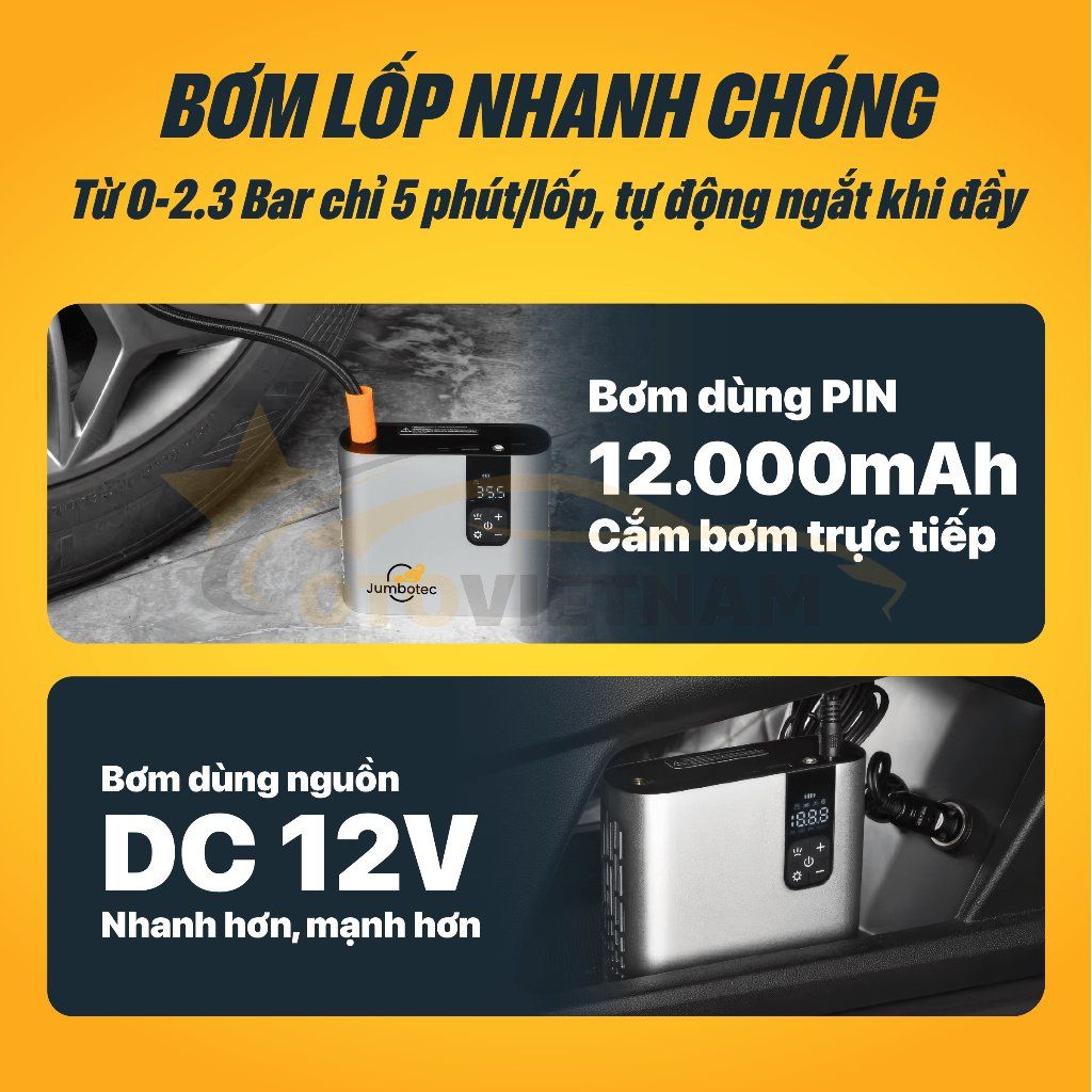 Bơm Lốp Điện Tử 2 Xilanh JUMBOTEC B06, Điện Kép (Pin 12.000mAh | Tẩu 12V) - Đèn Pin & Sạc DP - BH 1 năm