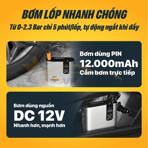 Bơm Lốp Điện Tử 2 Xilanh JUMBOTEC B06, Điện Kép (Pin 12.000mAh | Tẩu 12V) - Đèn Pin & Sạc DP - BH 1 năm