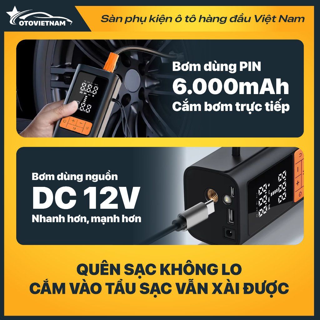 Bơm Lốp Xe Máy, Ô Tô Jumbotec B03 – Pin 6000mAh & Điện 12V, Tự Ngắt, Đa Năng 4in1