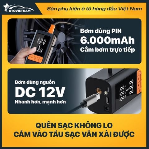 Bơm Lốp Xe Máy, Ô Tô Jumbotec B03 – Pin 6000mAh & Điện 12V, Tự Ngắt, Đa Năng 4in1