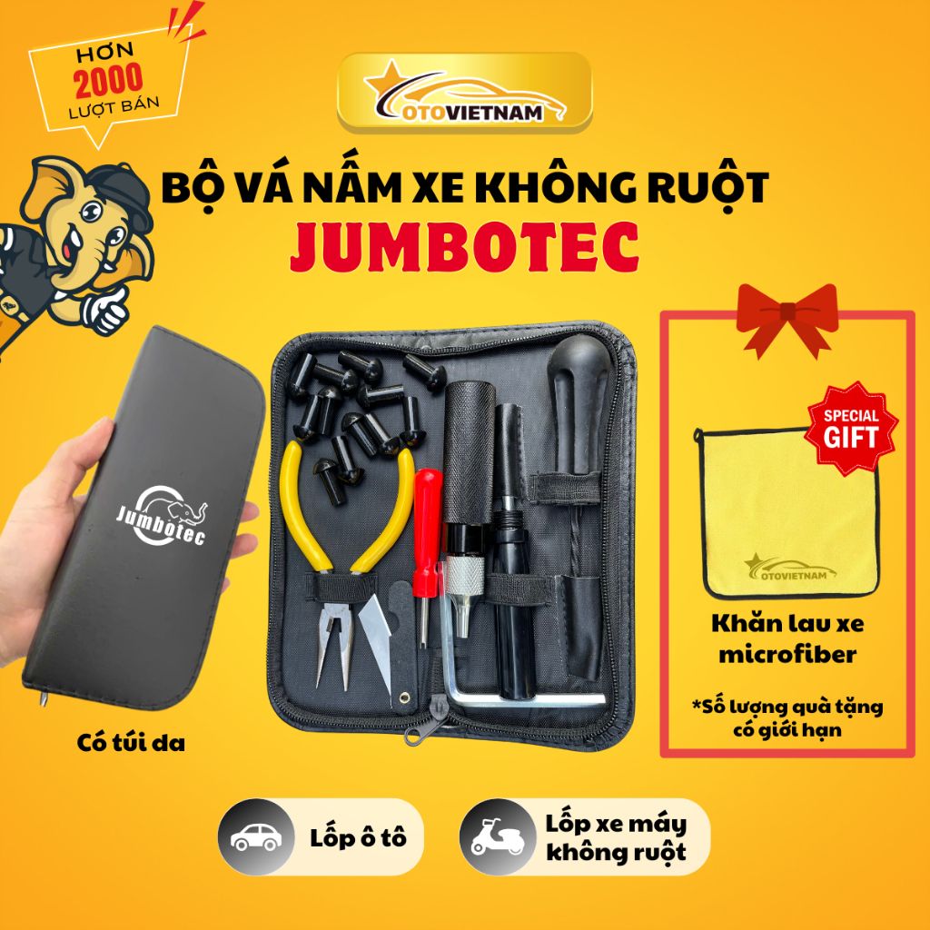 Bộ Nấm Vá Lốp Không Ruột JUMBOTEC - 10 Món Kèm Túi Da, Dùng Cho Ô Tô, Xe Máy, Không Cần Vá Trong