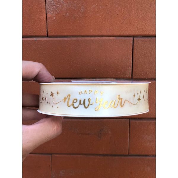 Ruy Băng Lụa In Chữ Happy New Year Bản 2,5cm- Cuộn To 45Met Loại đẹp