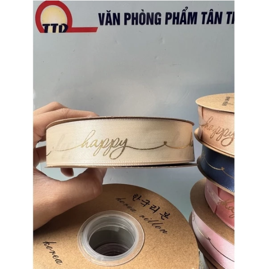 Ruy Băng Lụa In Chữ Happy Bản 2,5cm- Cuộn To Loại đẹp