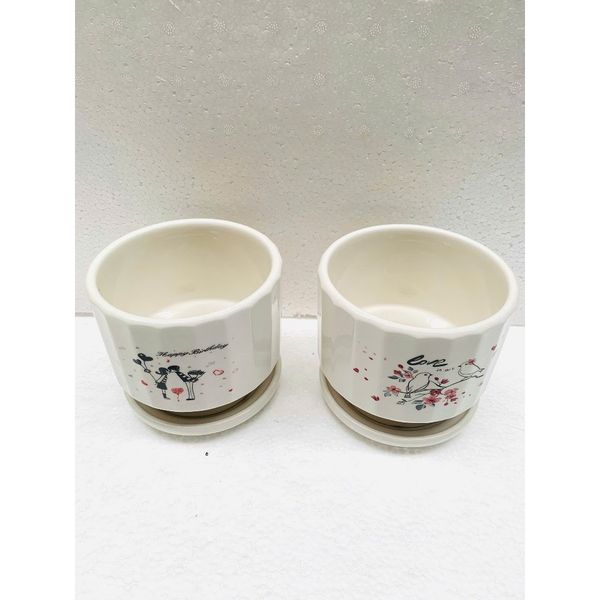 Chậu trồng cây - Chậu gốm, sứ tròn kèm đĩa trồng cây cảnh nhỏ, sen đá - Chậu trồng hoa để bàn