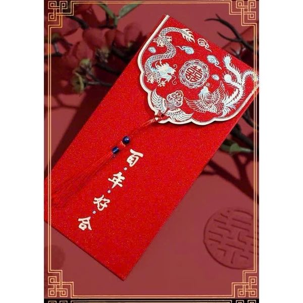 Set 2 chiếc Lì Xì đỏ mừng đám cưới, mừng năm mới - Lì Xì đỏ kèm tua rua giấy nhũ cao cấp và sang trọng