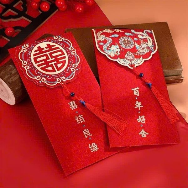 Set 2 chiếc Lì Xì đỏ mừng đám cưới, mừng năm mới - Lì Xì đỏ kèm tua rua giấy nhũ cao cấp và sang trọng