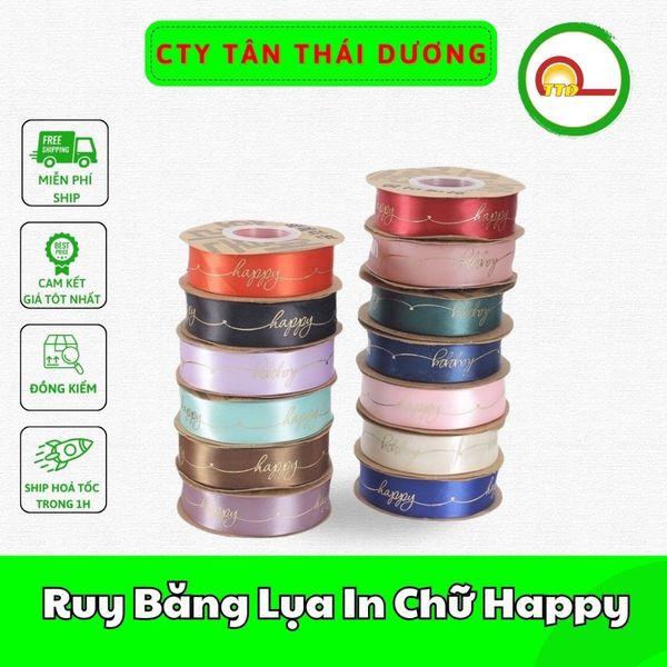 Ruy Băng Lụa In Chữ Happy Bản 2,5cm- Cuộn To Loại đẹp