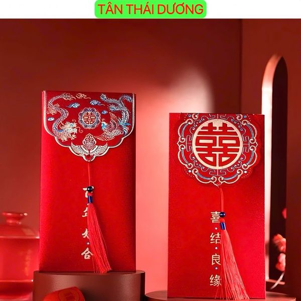 Set 2 chiếc Lì Xì đỏ mừng đám cưới, mừng năm mới - Lì Xì đỏ kèm tua rua giấy nhũ cao cấp và sang trọng