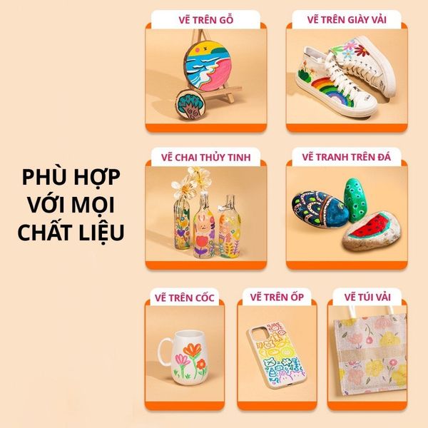 Bút màu Acrylic Marker - Màu Acrylic thế hệ mới chống thấm, vẽ trên mọi chất liệu, màu sắc tươi sáng