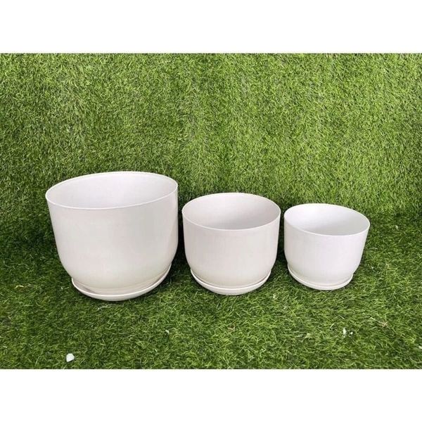 (Loại dày) Chậu trồng cây - Chậu nhựa tròn giả sứ kèm đĩa trồng cây cảnh mini, sen đá - Chậu trồng hoa