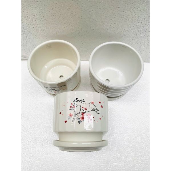 Chậu trồng cây - Chậu gốm, sứ tròn kèm đĩa trồng cây cảnh nhỏ, sen đá - Chậu trồng hoa để bàn