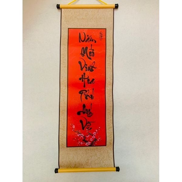 Cặp liễn mành thư pháp - Câu đối gấm, Mành thư pháp trang trí Tết - Decor dân gian ngày Tết