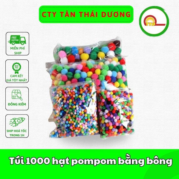 Túi 1000 hạt pompom bằng bông , trang trí , dụng cụ học tập