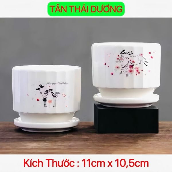Chậu trồng cây - Chậu gốm, sứ tròn kèm đĩa trồng cây cảnh nhỏ, sen đá - Chậu trồng hoa để bàn