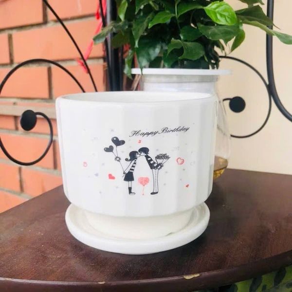 Chậu trồng cây - Chậu gốm, sứ tròn kèm đĩa trồng cây cảnh nhỏ, sen đá - Chậu trồng hoa để bàn
