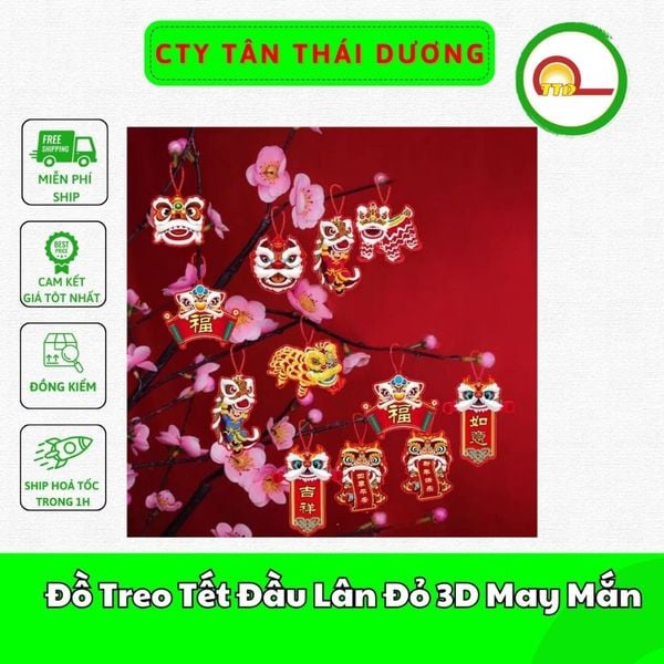 Đồ Treo Tết Đầu Lân Đỏ 3D May Mắn - Set 6 dây