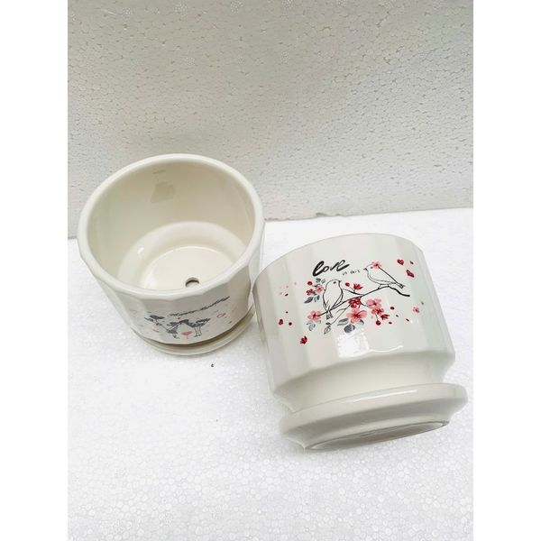 Chậu trồng cây - Chậu gốm, sứ tròn kèm đĩa trồng cây cảnh nhỏ, sen đá - Chậu trồng hoa để bàn