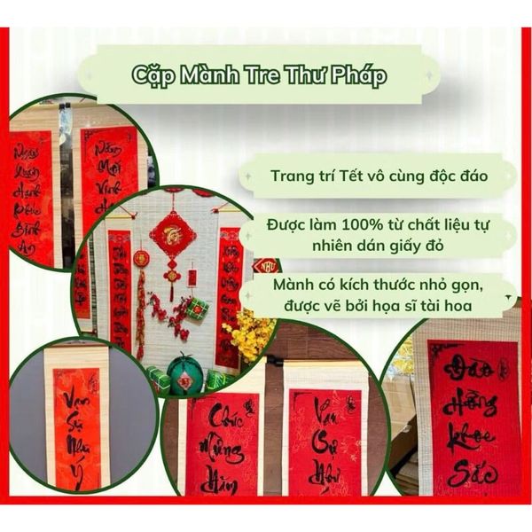 Cặp mành tre câu đối đỏ viết chữ Thư Pháp - Mành tre câu đối đỏ Decor trang trí Tết