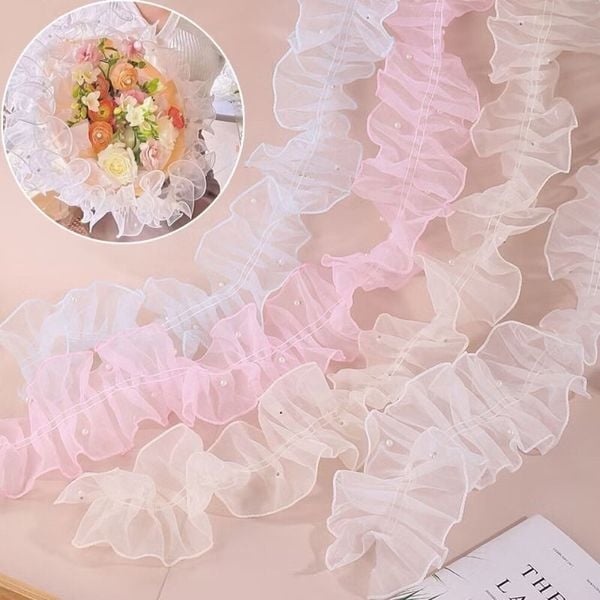 Voan đính ngọc - Viền voan công chúa đính ngọc may sẵn - Voan bèo bó hoa cực sang chảnh - 11cm x 2m