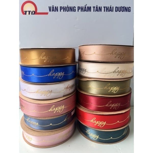 Ruy Băng Lụa In Chữ Happy Bản 2,5cm- Cuộn To Loại đẹp