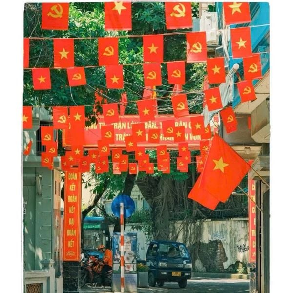 Cờ dây Tổ Quốc 10met x 20 lá  - Cờ dây Sao Vàng in 2 mặt bằng vải phi bóng - Decor Trang trí dịp Tết, lễ hội