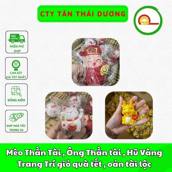 Mèo Thần Tài , Ông Thần tài , Hũ Vàng Trang Trí giỏ quà tết , oản tài lộc