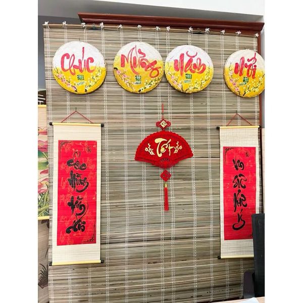 Cặp mành tre câu đối đỏ viết chữ Thư Pháp - Mành tre câu đối đỏ Decor trang trí Tết