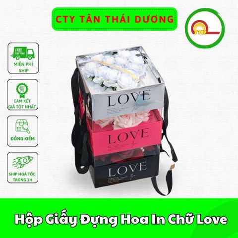 Hộp Giấy Đựng Hoa In Chữ Love - Hình Trái Tim .  Có Quai Xách