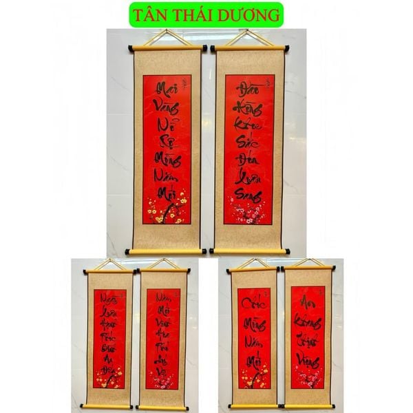 Cặp liễn mành thư pháp - Câu đối gấm, Mành thư pháp trang trí Tết - Decor dân gian ngày Tết