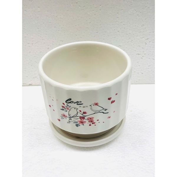 Chậu trồng cây - Chậu gốm, sứ tròn kèm đĩa trồng cây cảnh nhỏ, sen đá - Chậu trồng hoa để bàn
