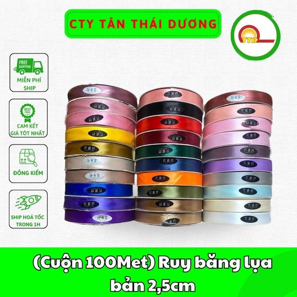 (Cuộn 100Met) Ruy băng lụa bản 2,5cm - loại đẹp - đủ màu