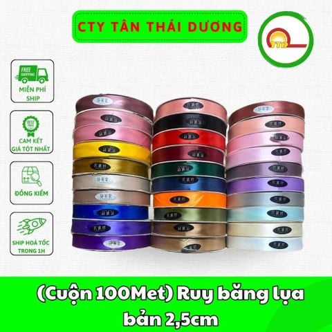 (Cuộn 100Met) Ruy băng lụa bản 2,5cm - loại đẹp - đủ màu