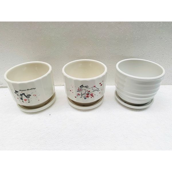 Chậu trồng cây - Chậu gốm, sứ tròn kèm đĩa trồng cây cảnh nhỏ, sen đá - Chậu trồng hoa để bàn