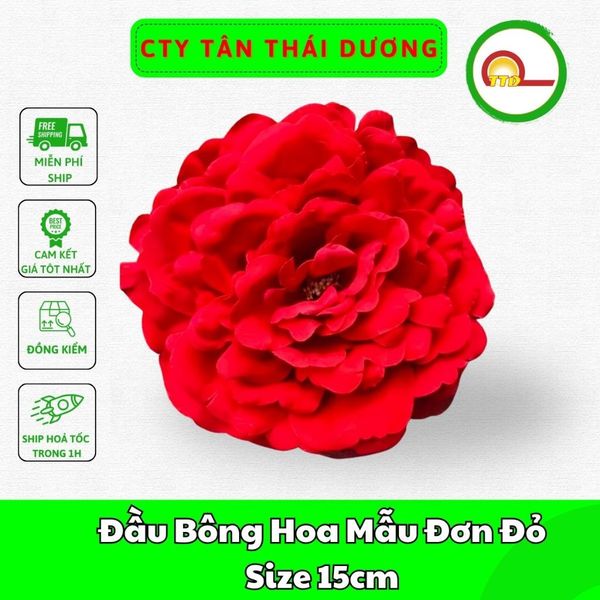 Đầu Bông Hoa Mẫu Đơn Đỏ Size 15cm Dùng Để Trang Trí Tết - Decor Tháp Nước,Tháp Bánh,Tháp Oản Tài Lộc
