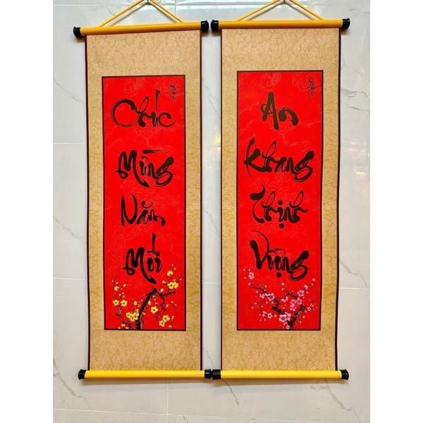 Cặp liễn mành thư pháp - Câu đối gấm, Mành thư pháp trang trí Tết - Decor dân gian ngày Tết