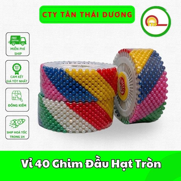 Vỉ 40 Kim Ghim Đầu Hạt Tròn - Dùng Cố Định Vải - Làm Đồ Hanmade