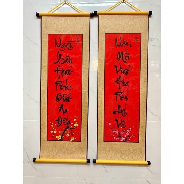 Cặp liễn mành thư pháp - Câu đối gấm, Mành thư pháp trang trí Tết - Decor dân gian ngày Tết