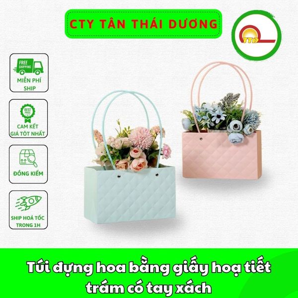 Túi đựng hoa bằng giấy hoạ tiết trám có tay xách