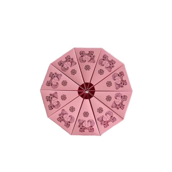 Vỏ hộp tam giác hồng ánh nhũ xếp tròn - Vỏ hộp bánh cưới sang trọng